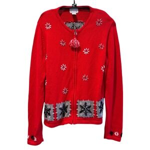 Breckenridge‎ VTG Red Snowflake Zipper Tassel Ugly Christmas Sweater Women Large